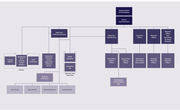 This organisational chart shows the hierarchy and reporting lines of the Child Welfare Division before 1972. At the top is the Superintendent of Child Welfare. At the second level, reporting to the Superintendent, is the Deputy Superintendent. At the third level, reporting to the Deputy, are the Supervisor Institution Services, Supervisor Field Services, Executive Officer, Research Officer and Research Officer Joint Committee on Young Offenders. At the fourth level are the Residential Staff Training School Kohitere, the Training Officer and Tutor Tiromoana, who report to the Deputy; the Supervisor Child Care Centres Registered Children’s Homes, who reports to the Supervisor Institution Services, as well as the Deputy; the Senior Inspector and 2 Inspectors, who report to the Supervisor Institution Services and the Supervisor Field Services, and have a reporting line to the Deputy; the Senior Boys’ Welfare Officer and Senior Child Welfare Officer, who report to the Supervisor Field Services; the District and Head Office Clerical Staff, who report to the Executive Officer; and 2 Assistant Research Officers, one who reports to the Research Officer and one to both the Research Officer and Research Officer Joint Committee on Young Offenders. At the fifth level are National Institutions, which report to the Supervisor Institution Services, and 29 Child Welfare District Offices who report to the Supervisor Field Services. At the sixth level are the Girls’, Boys’, Receiving and Family Homes, which report to the Supervisor Institution Services. 