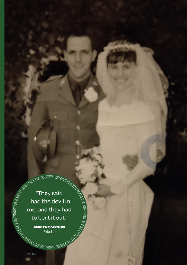 Black and white photo of Ann Thompson with her husband on her wedding day