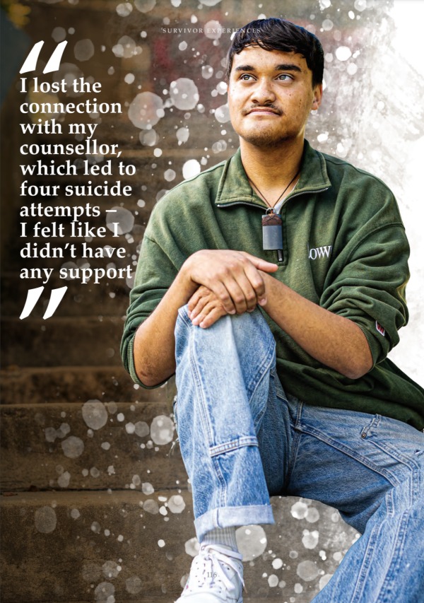 Ihorangi Reweti-Peters sitting on a step, wearing jeans, a green sweatshirt and a greenstone taonga around his neck