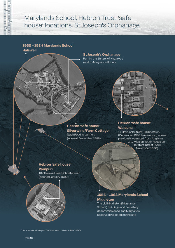On this page we’re shown the location of Hebron Trust safe houses, which were a part of the same community as Marylands and St Joseph’s. The image shows us the Silverwind/Farm Cottage safe house which is very near Marylands School and St Joseph’s. The image tells us that Silverwind opened in 1988. The image then shows us the Waipuna and Pampuri Safehouses, which were in Halswell road and Havelock North. The image tells us the dates these were each opened, which was in the 1980s. Finally, the image shows us Middleton. Which was the original Maryland’s school site. 